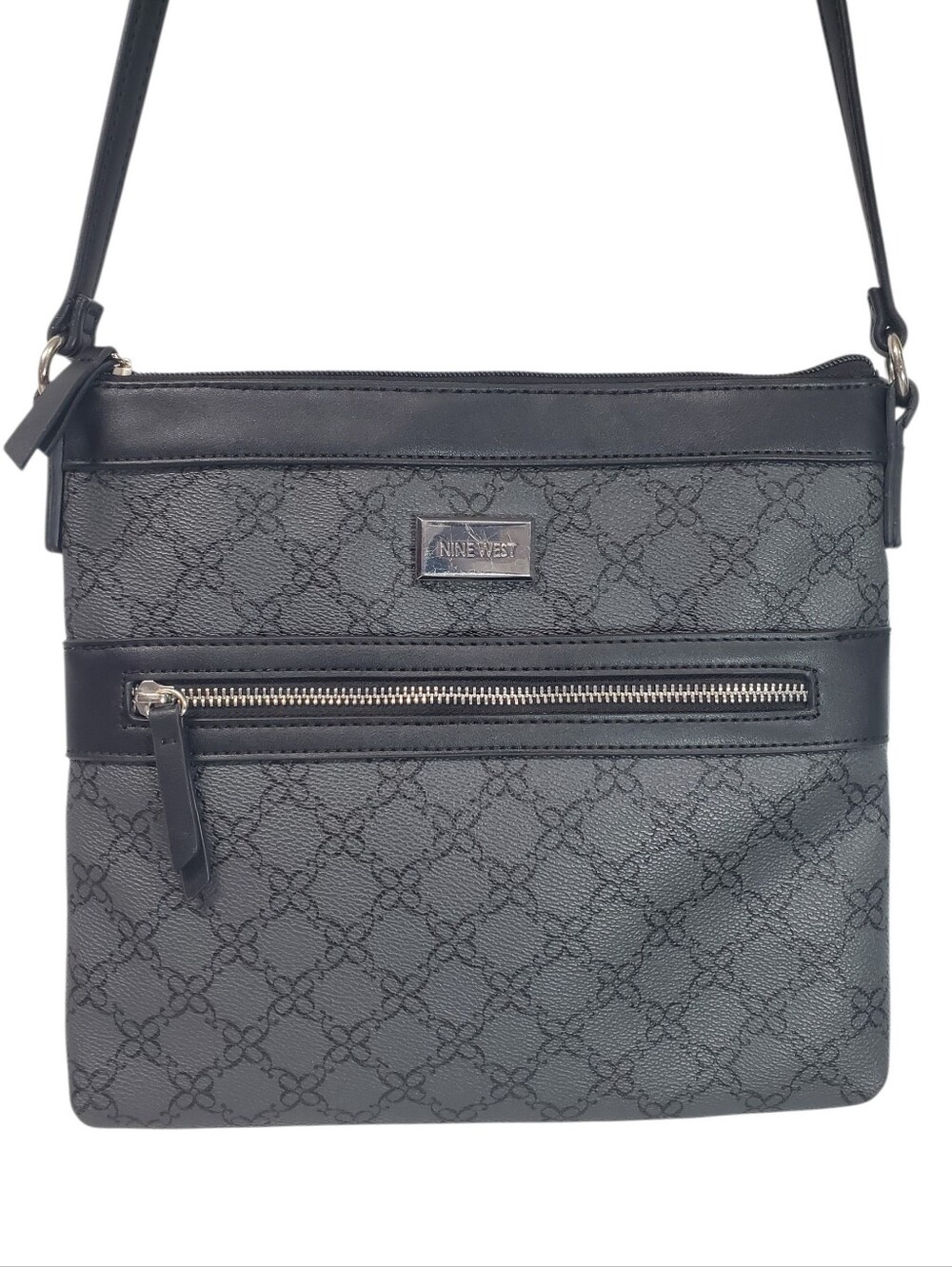 Office Siren Classy Nine West Shoulder Cross Body Bag Purse Gray Geometric Print
